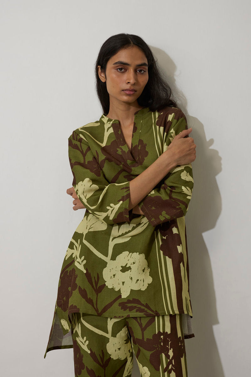Marigold Overgrowth Set-Olive linen co-ord set by World of SiSa in olive for women in Singapore