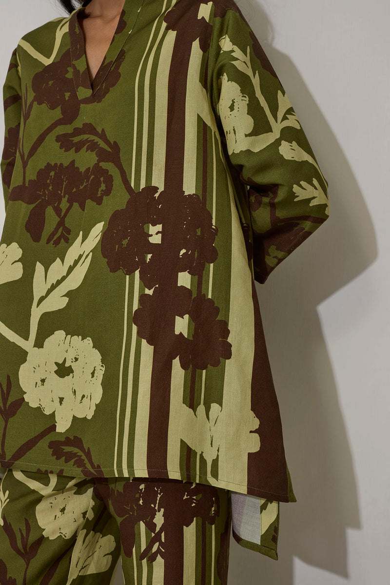 Marigold Overgrowth Set-Olive linen co-ord set by World of SiSa in olive for women in Singapore