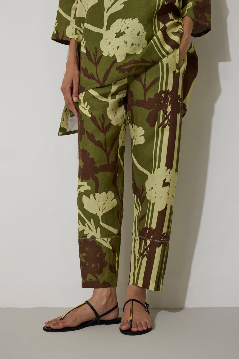 Marigold Overgrowth Set-Olive linen co-ord set by World of SiSa in olive for women in Singapore