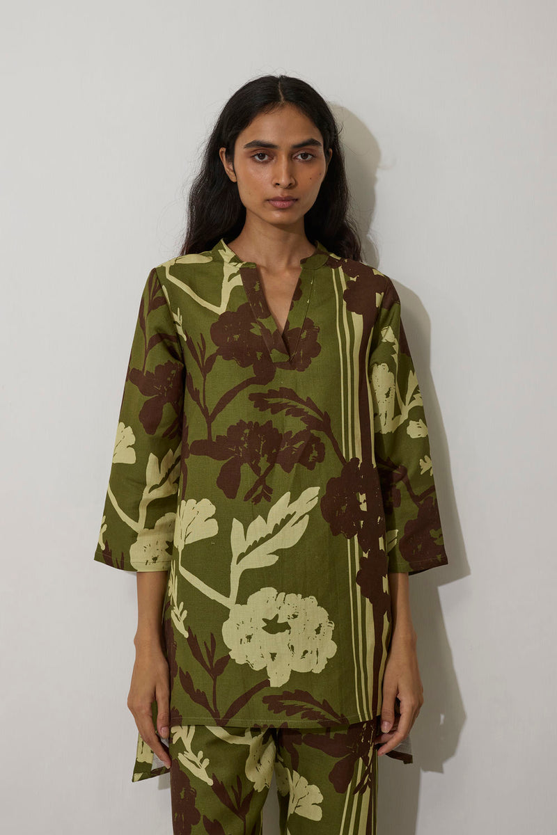 Marigold Overgrowth Set-Olive linen co-ord set by World of SiSa in olive for women in Singapore