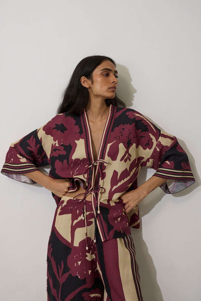 Tie-knot Marigold Set-Purple linen co-ord set by World of SiSa in purple for women in Singapore