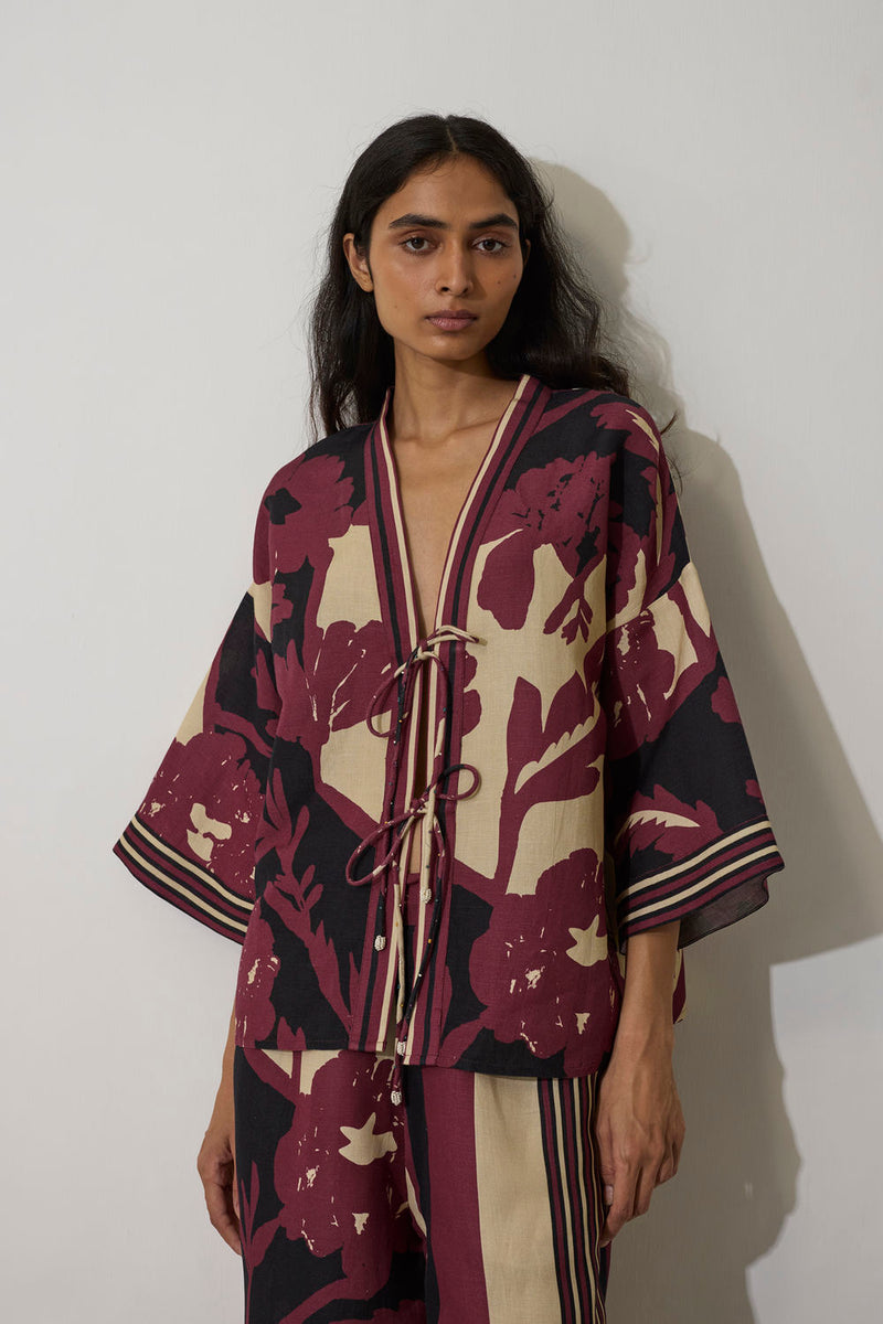 Tie-knot Marigold Set-Purple linen co-ord set by World of SiSa in purple for women in Singapore
