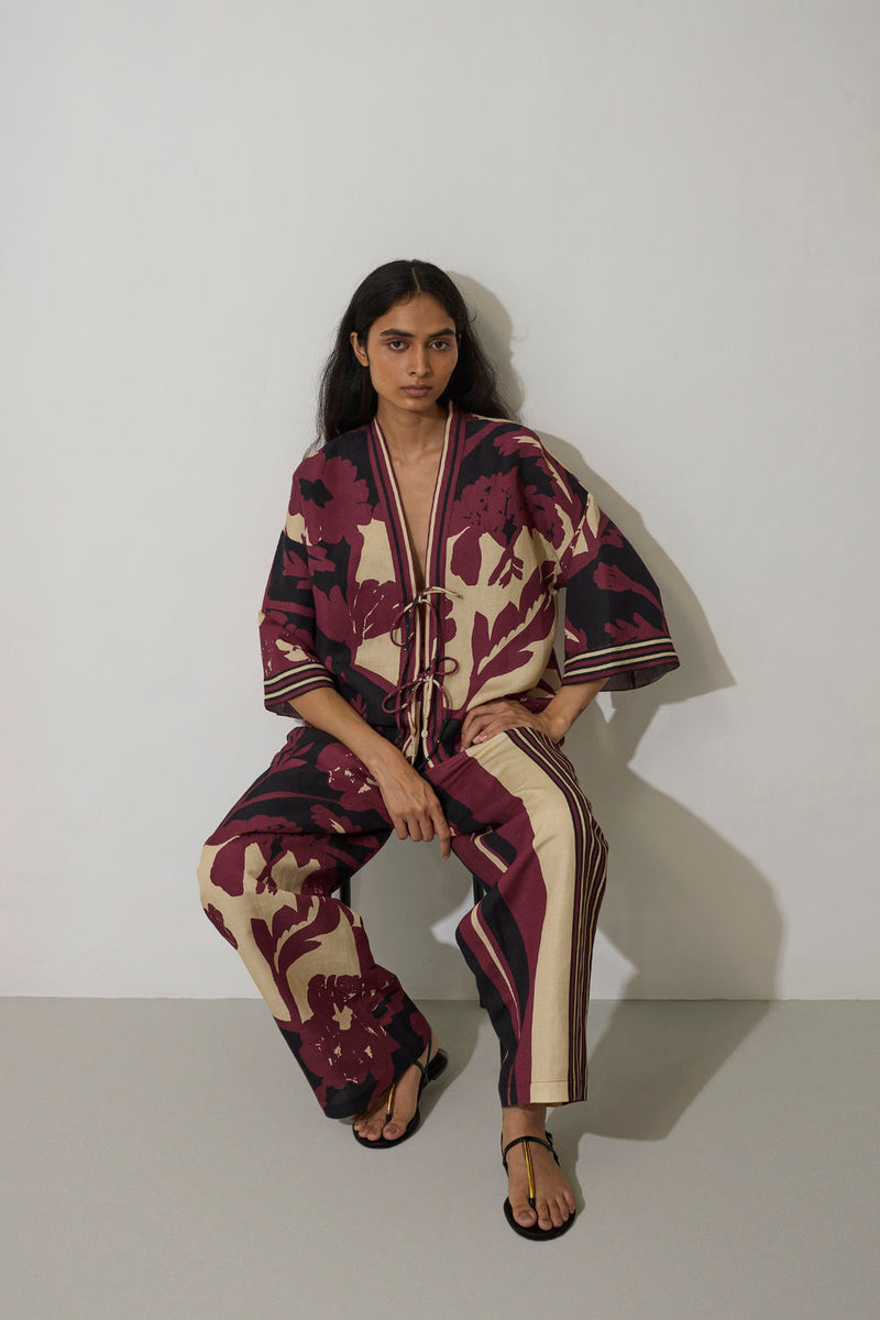 Tie-knot Marigold Top-Purple linen top/shirt by World of SiSa in purple for women in Singapore