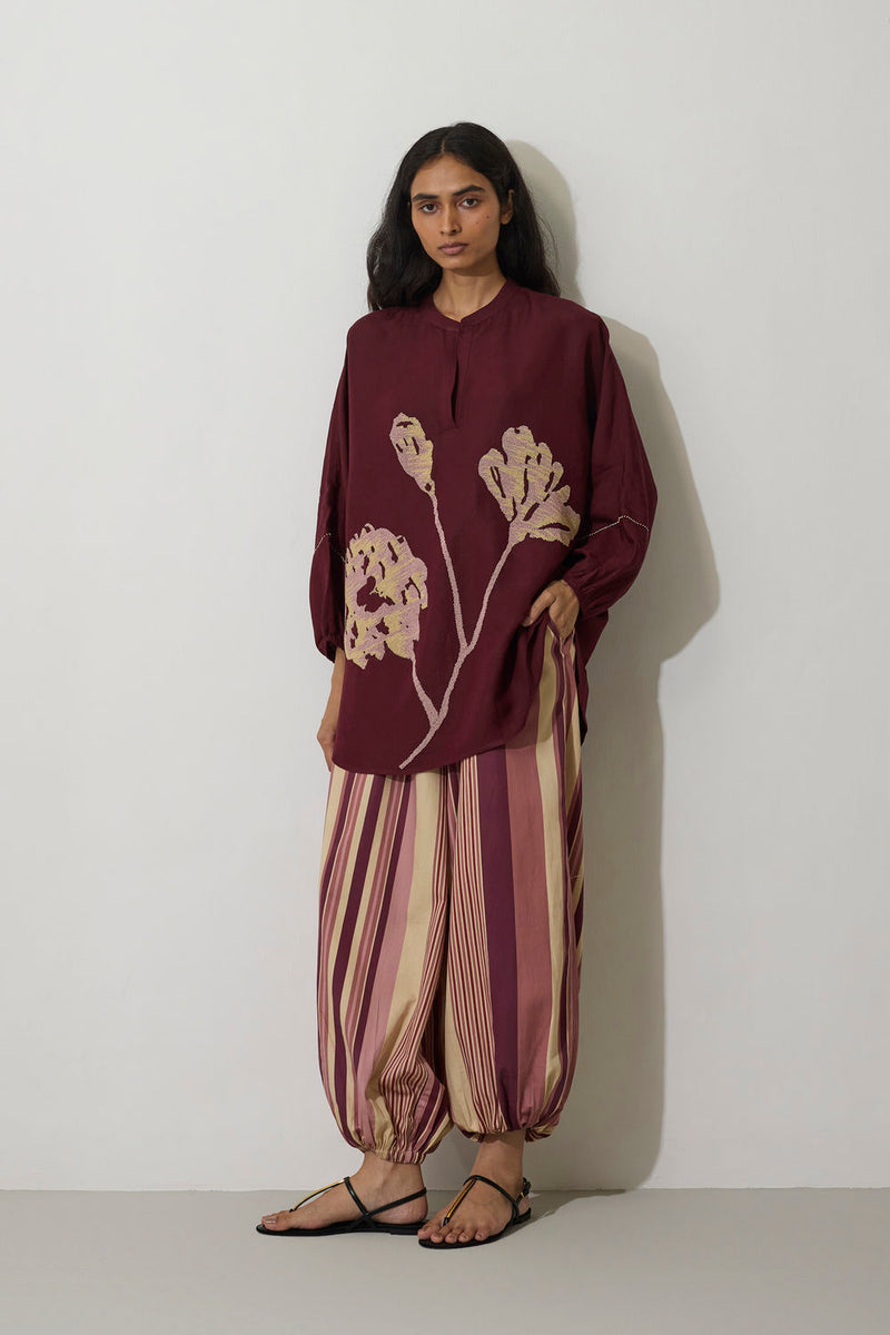 Hand-Embroidered Marigold Shirt linen top/shirt by World of SiSa in purple for women in Singapore
