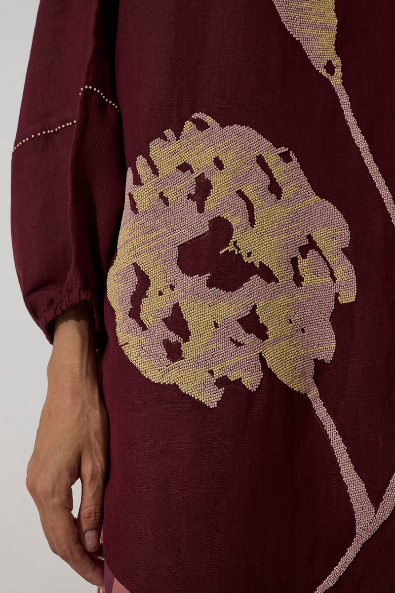 Hand-Embroidered Marigold Shirt linen top/shirt by World of SiSa in purple for women in Singapore