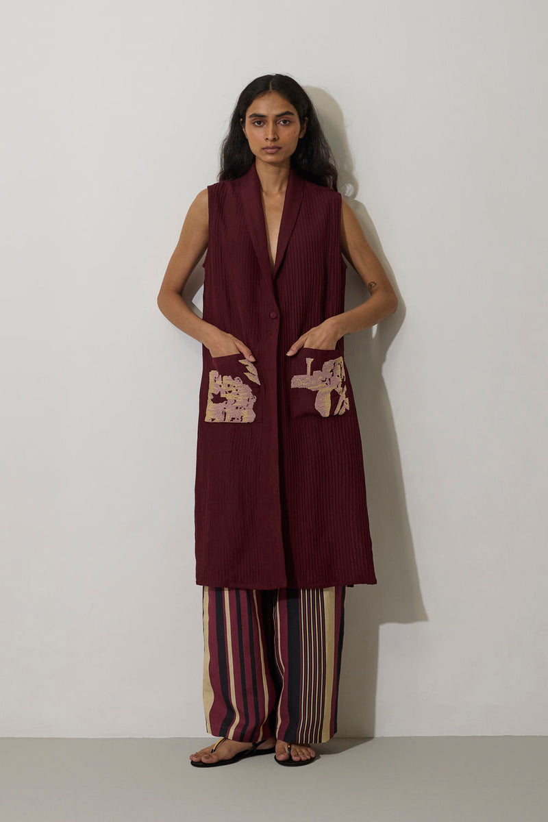 Pintuck Linen Sleeveless Duster linen jacket/overlay by World of SiSa in purple for women in Singapore