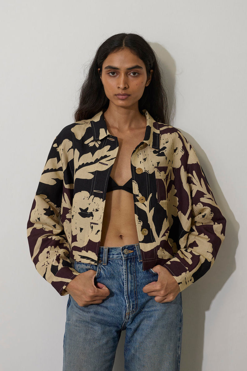 Marigold Crop Jacket-Charcoal linen jacket/overlay by World of SiSa in charcoal for women in Singapore
