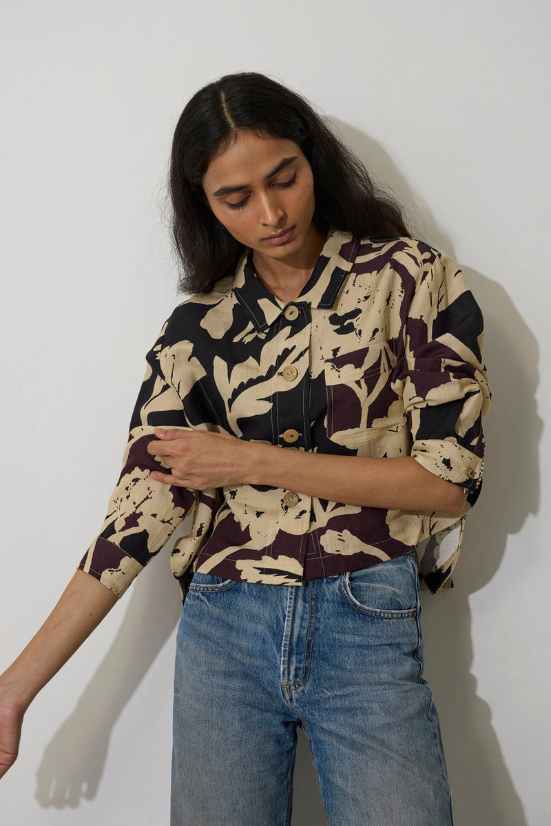 Marigold Crop Jacket-Charcoal linen jacket/overlay by World of SiSa in charcoal for women in Singapore