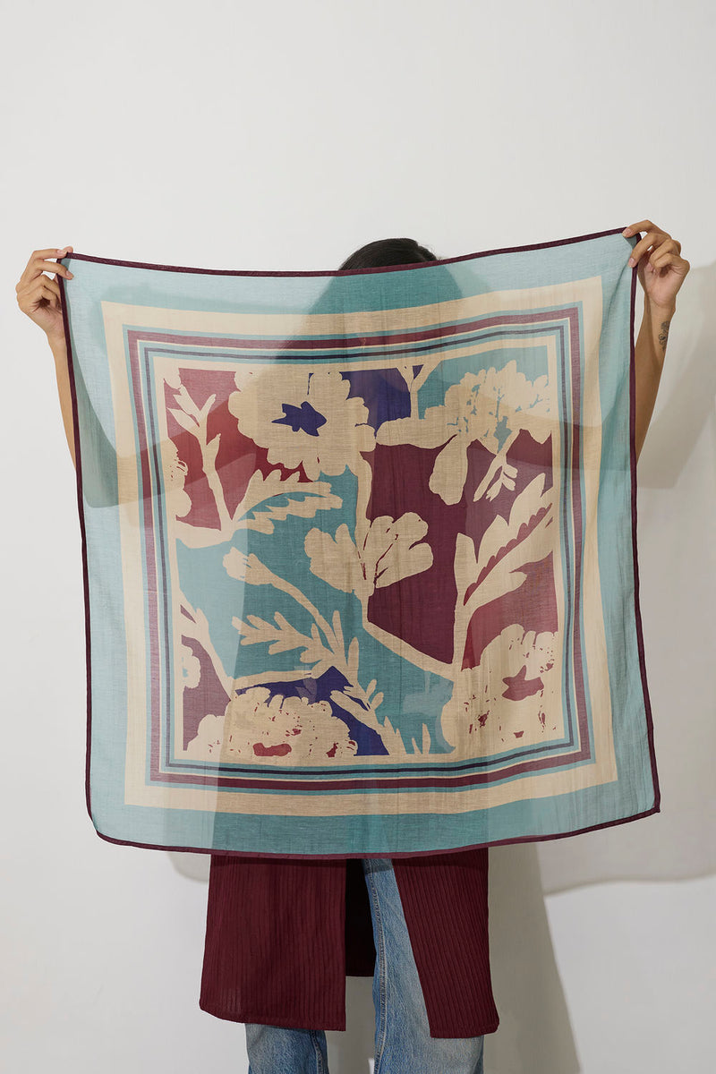 Marigold Stripe Square Scarf-Blue chanderi scarve/stole by World of SiSa in blue for women in Singapore