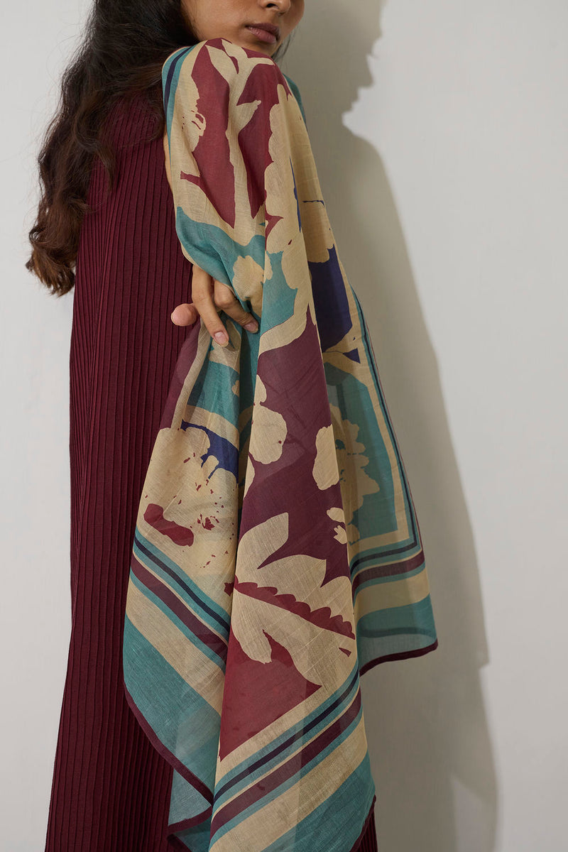Marigold Stripe Square Scarf-Blue chanderi scarve/stole by World of SiSa in blue for women in Singapore