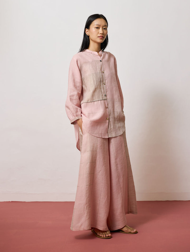 Rin Metallic Linen Shirt-Pink linen top/shirt by Manan in pink for women in Singapore