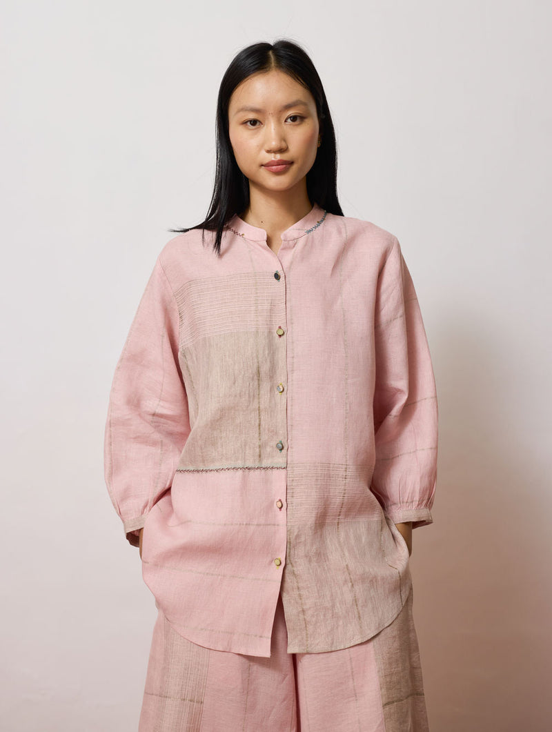 Rin Metallic Linen Shirt-Pink linen top/shirt by Manan in pink for women in Singapore
