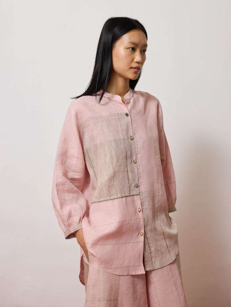Rin Metallic Linen Shirt-Pink linen top/shirt by Manan in pink for women in Singapore