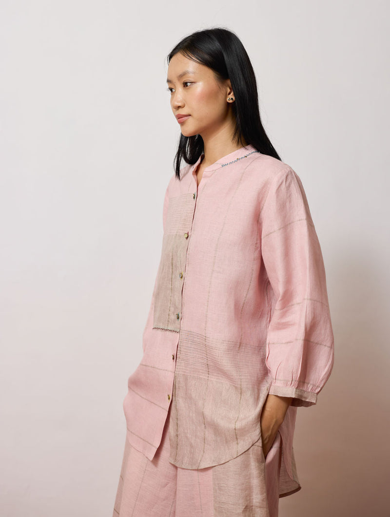Rin Metallic Linen Shirt-Pink linen top/shirt by Manan in pink for women in Singapore