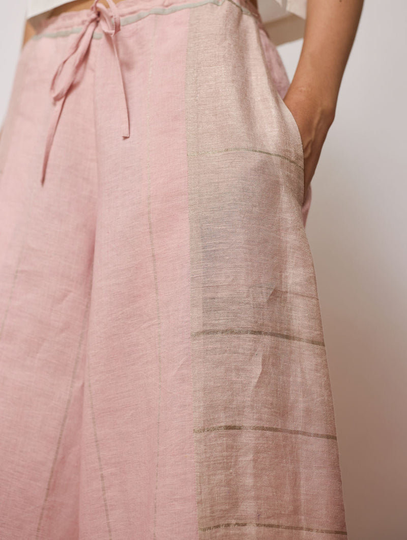 Sera Wide-Leg Metallic Linen Pants-Pink linen pant/trousers by Manan in pink for women in Singapore