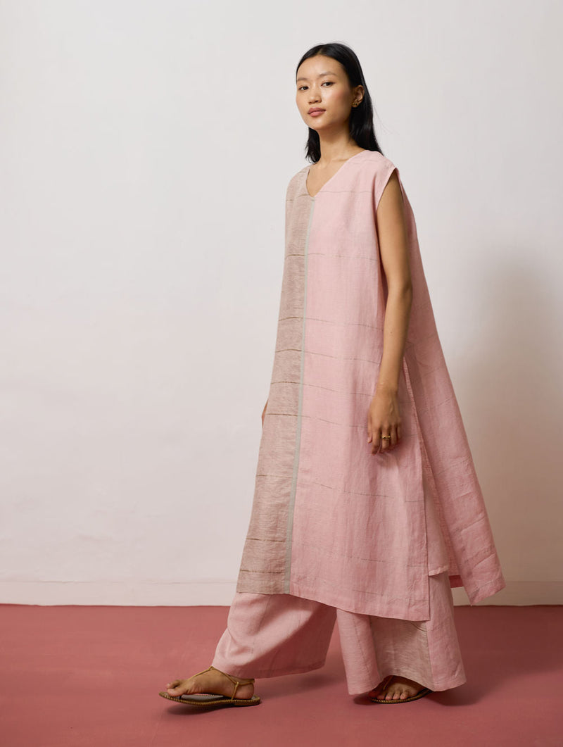 Rira Metallic Linen Long Tunic-Pink linen kurta/kurta set by Manan in pink for women in Singapore