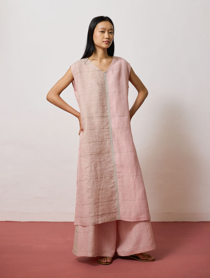 Rira Metallic Linen Long Tunic-Pink linen kurta/kurta set by Manan in pink for women in Singapore