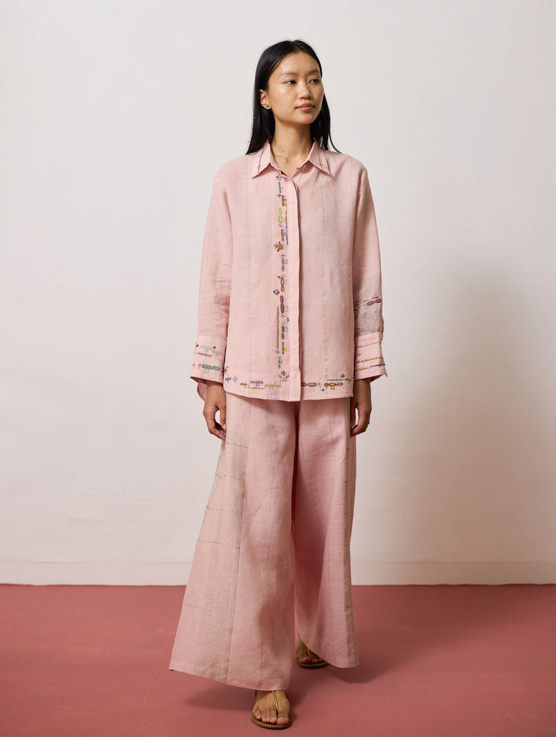 Hanat Hand-Embroidered Bird Co-ord-Pink linen co-ord set by Manan in pink for women in Singapore