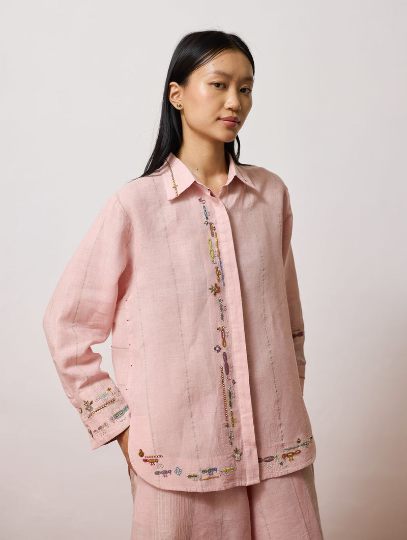 Hanat Hand-Embroidered Bird Shirt-Pink linen top/shirt by Manan in pink for women in Singapore