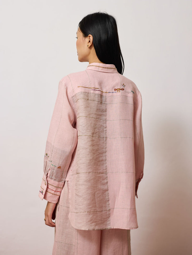 Hanat Hand-Embroidered Bird Shirt-Pink linen top/shirt by Manan in pink for women in Singapore