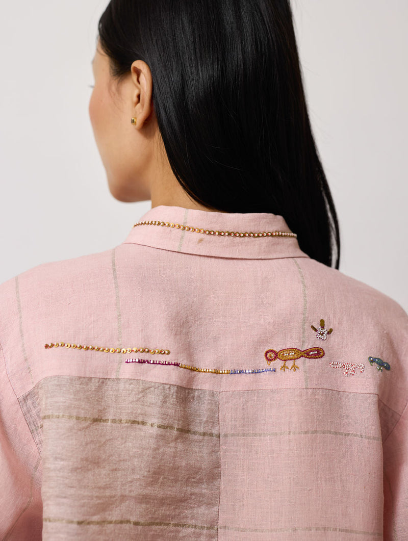 Hanat Hand-Embroidered Bird Shirt-Pink linen top/shirt by Manan in pink for women in Singapore