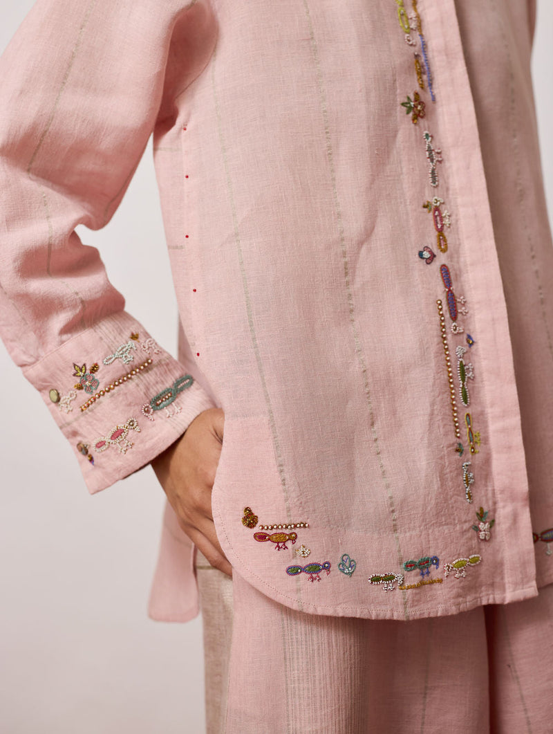 Hanat Hand-Embroidered Bird Co-ord-Pink linen co-ord set by Manan in pink for women in Singapore