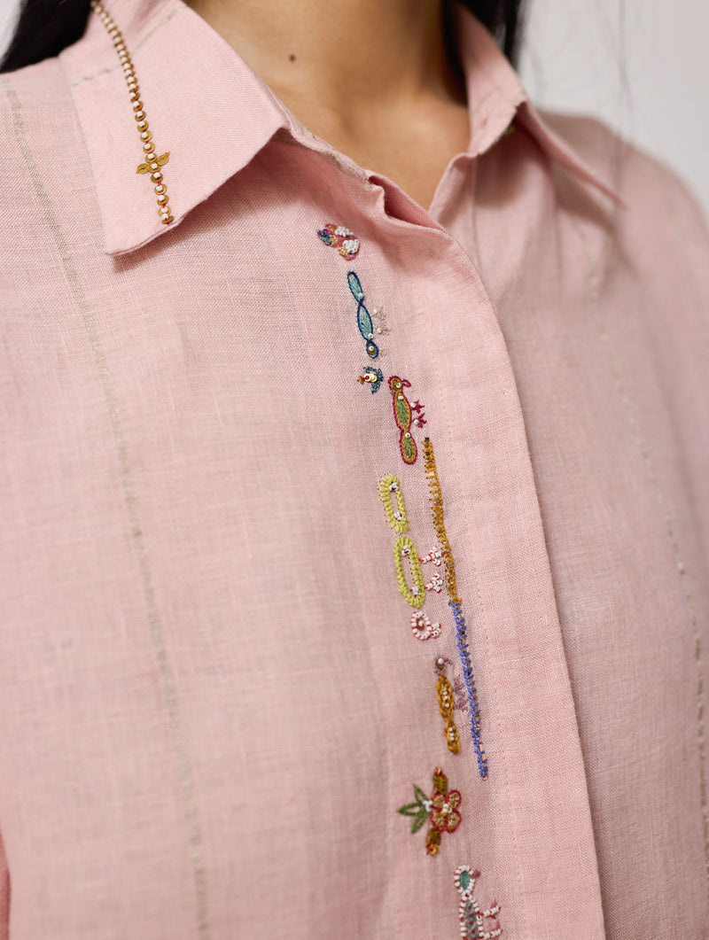 Hanat Hand-Embroidered Bird Co-ord-Pink linen co-ord set by Manan in pink for women in Singapore