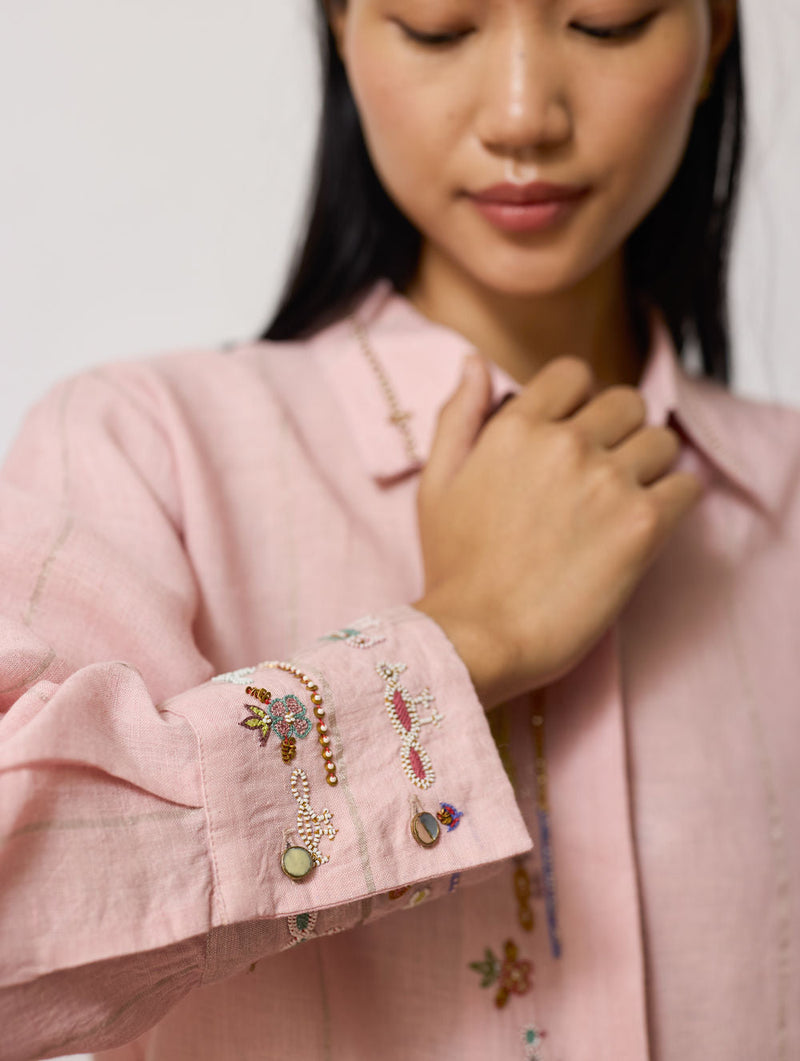 Hanat Hand-Embroidered Bird Shirt-Pink linen top/shirt by Manan in pink for women in Singapore