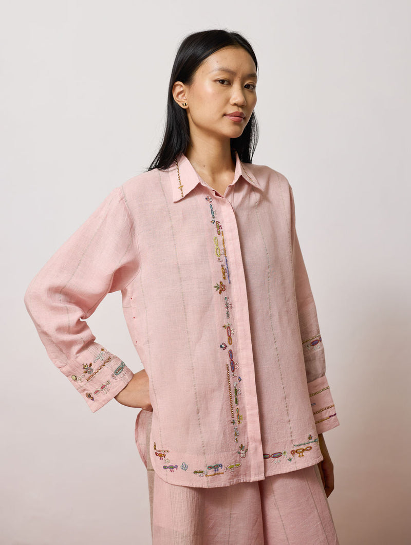 Hanat Hand-Embroidered Bird Co-ord-Pink linen co-ord set by Manan in pink for women in Singapore