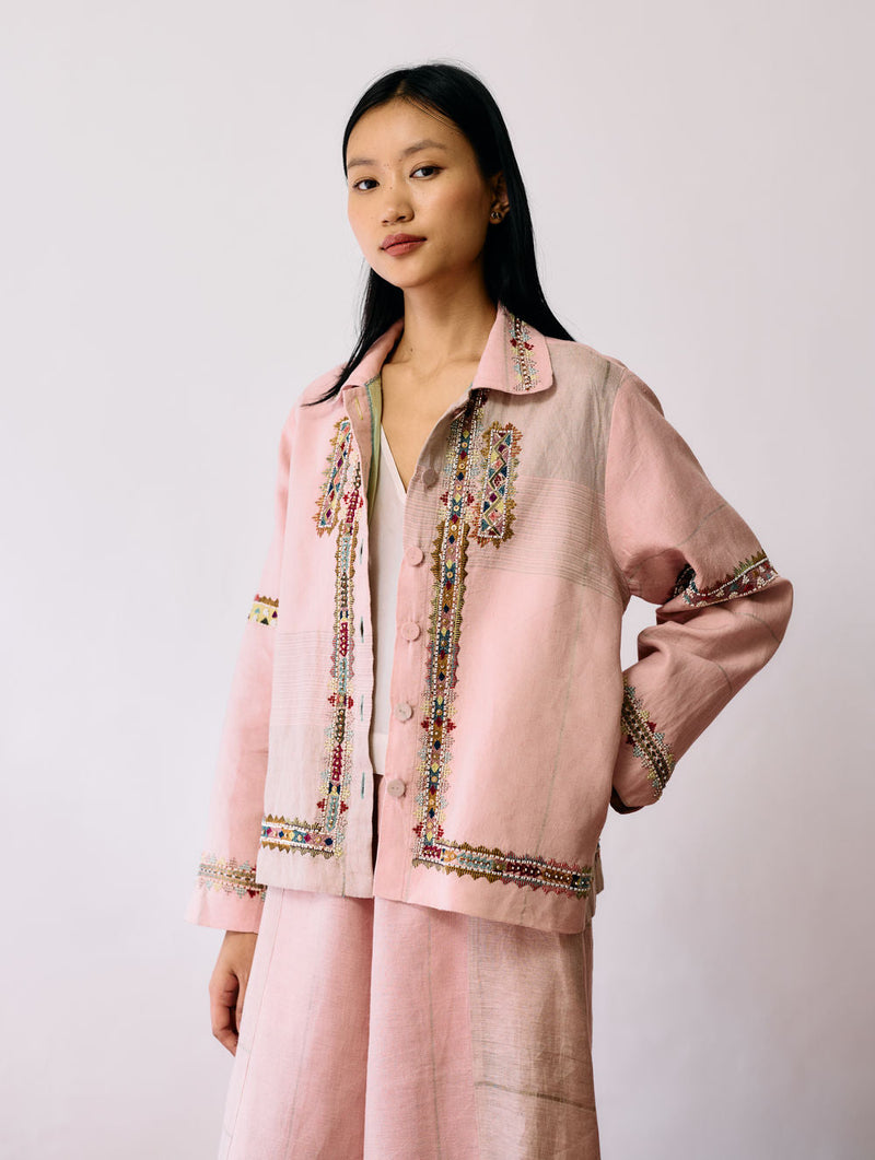 Zuri Hand-Embroidered Metallic Jacket-Pink linen jacket/overlay by Manan in pink for women in Singapore