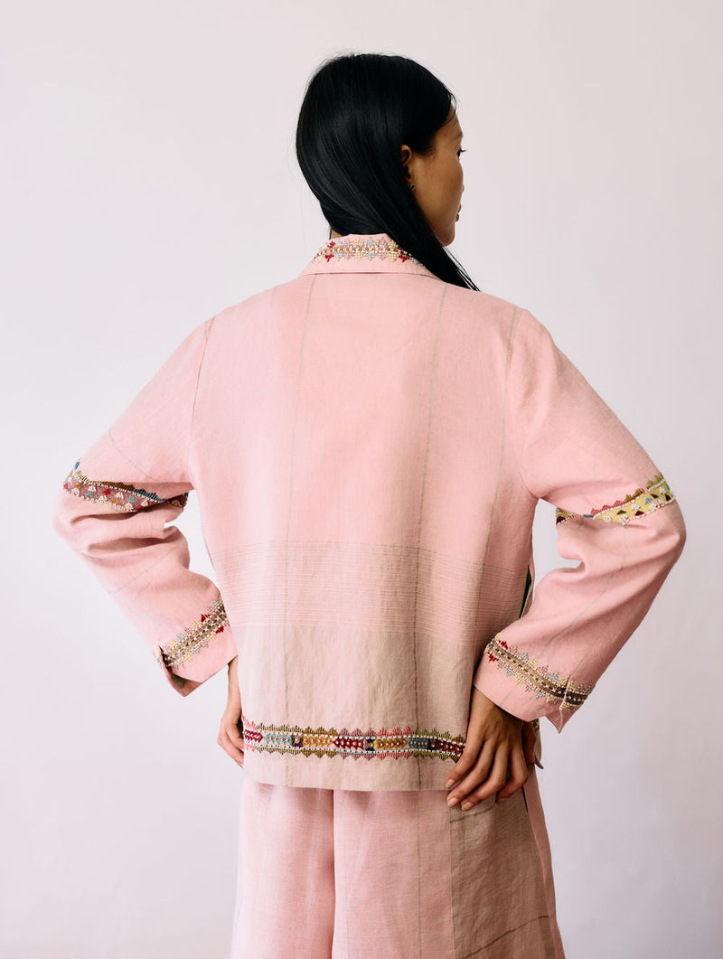 Zuri Hand-Embroidered Metallic Jacket-Pink linen jacket/overlay by Manan in pink for women in Singapore