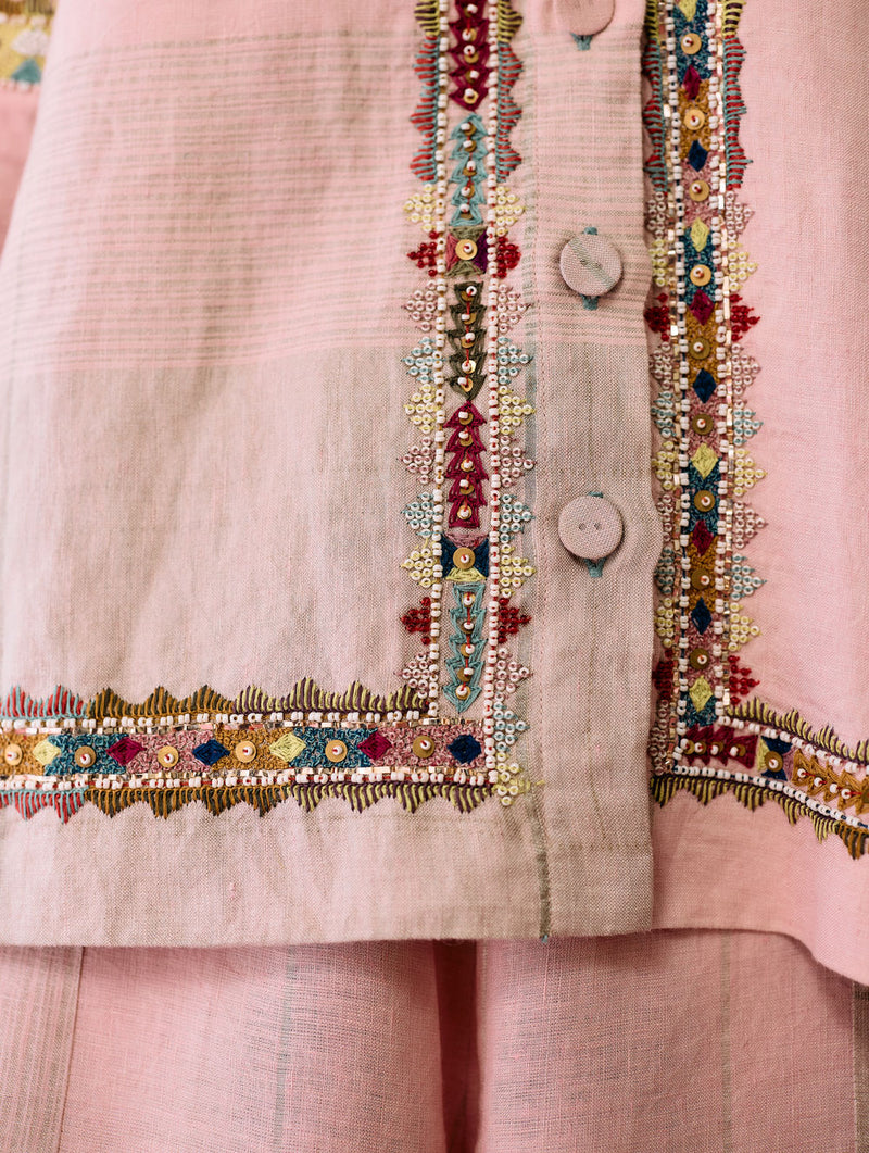 Zuri Hand-Embroidered Metallic Jacket-Pink linen jacket/overlay by Manan in pink for women in Singapore