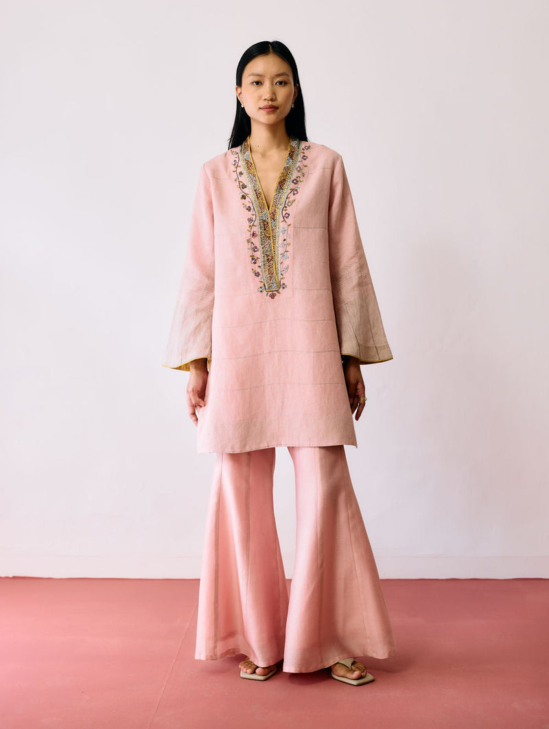 Naar Hand-Embroidered Metallic Kurta Set-Pink linen kurta/kurta set by Manan in pink for women in Singapore