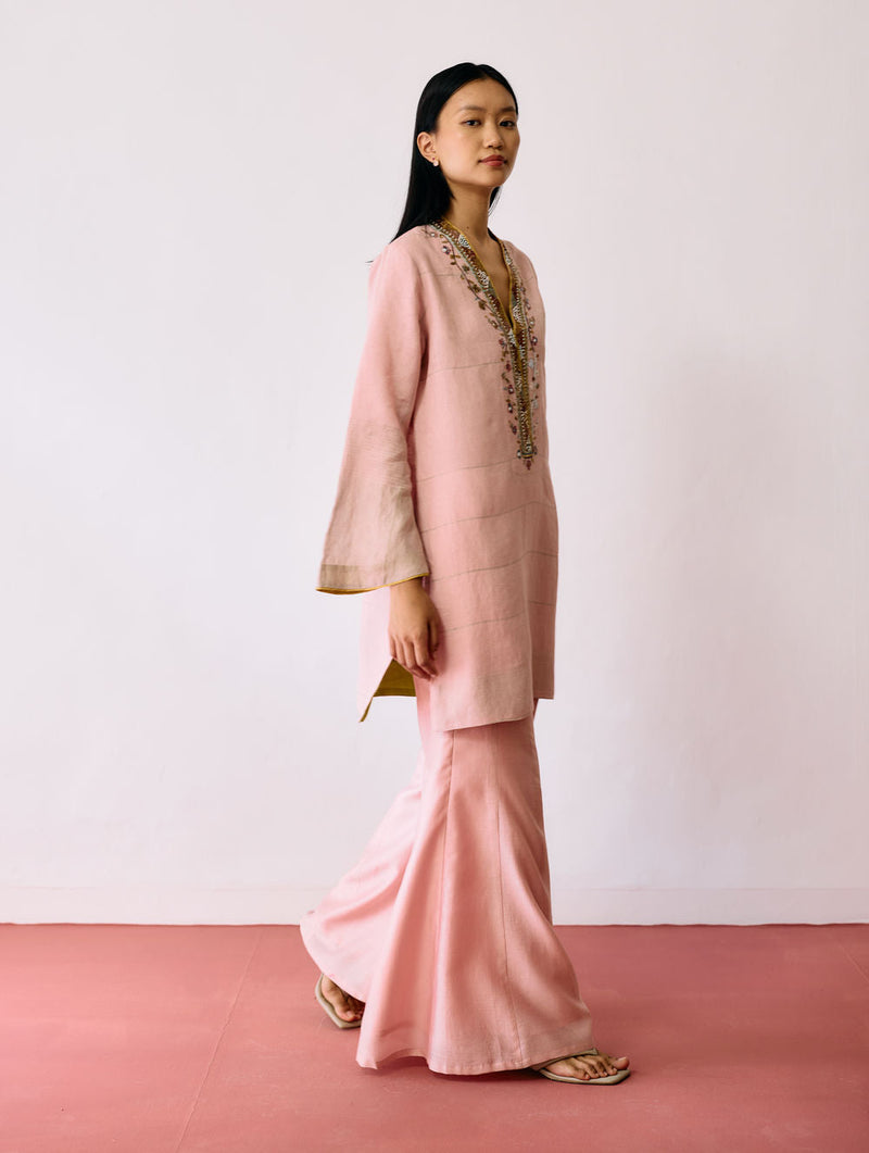 Reva Silk Chanderi Sharara Pants-Pink silk chanderi pant/trousers by Manan in pink for women in Singapore