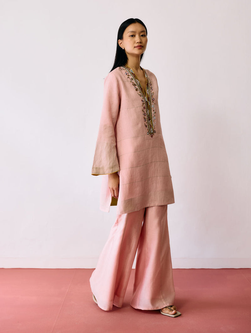 Reva Silk Chanderi Sharara Pants-Pink silk chanderi pant/trousers by Manan in pink for women in Singapore