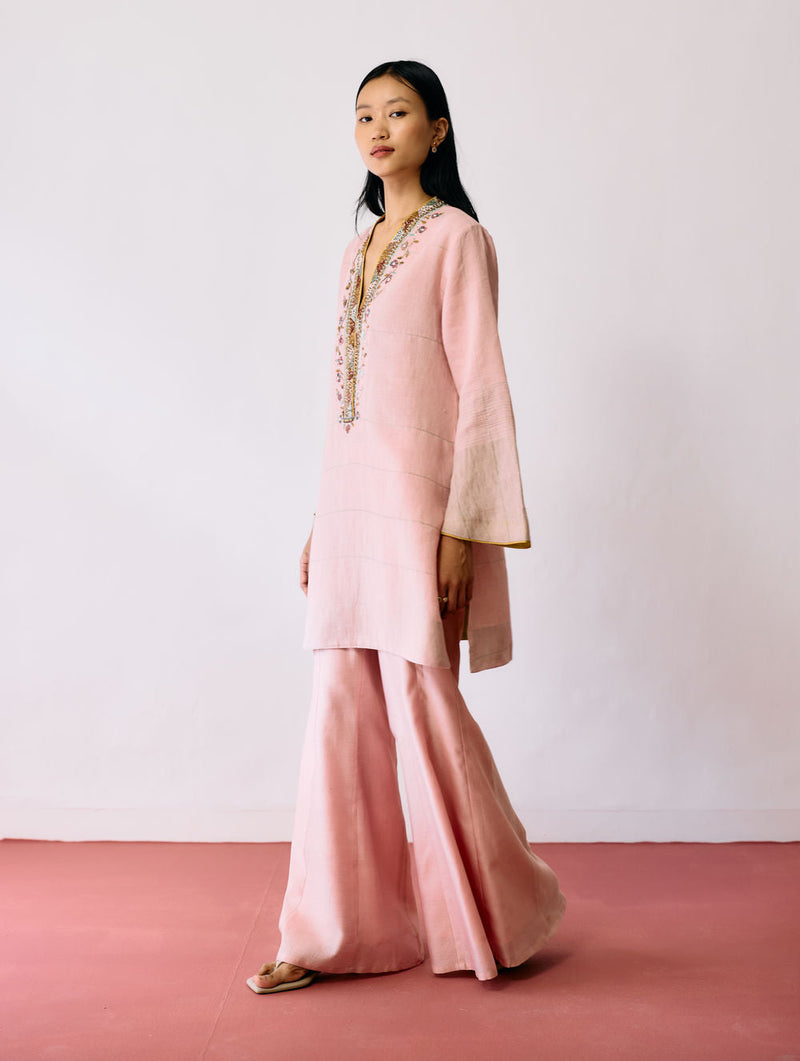 Reva Silk Chanderi Sharara Pants-Pink silk chanderi pant/trousers by Manan in pink for women in Singapore