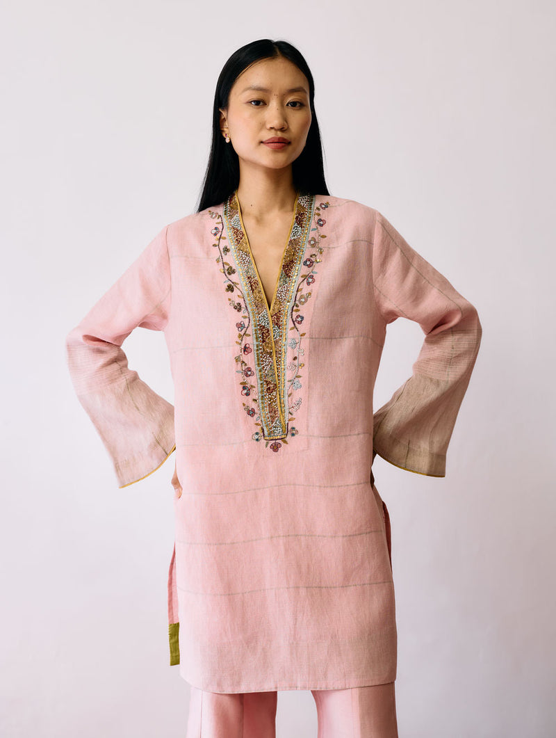 Naar Hand-Embroidered Metallic Kurta-Pink linen kurta/kurta set by Manan in pink for women in Singapore
