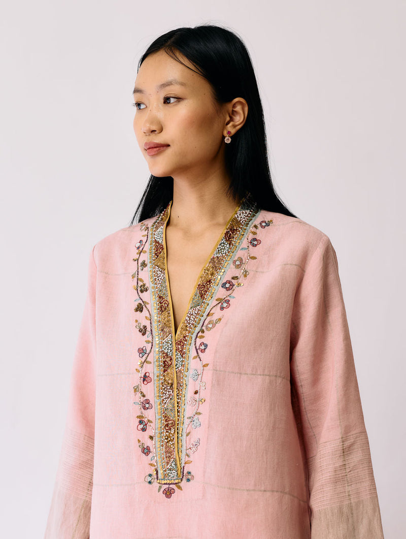 Naar Hand-Embroidered Metallic Kurta-Pink linen kurta/kurta set by Manan in pink for women in Singapore