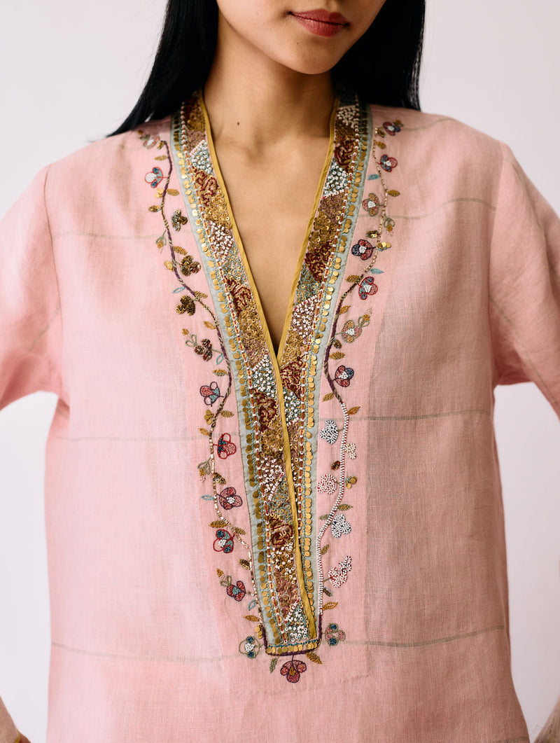 Naar Hand-Embroidered Metallic Kurta Set-Pink linen kurta/kurta set by Manan in pink for women in Singapore