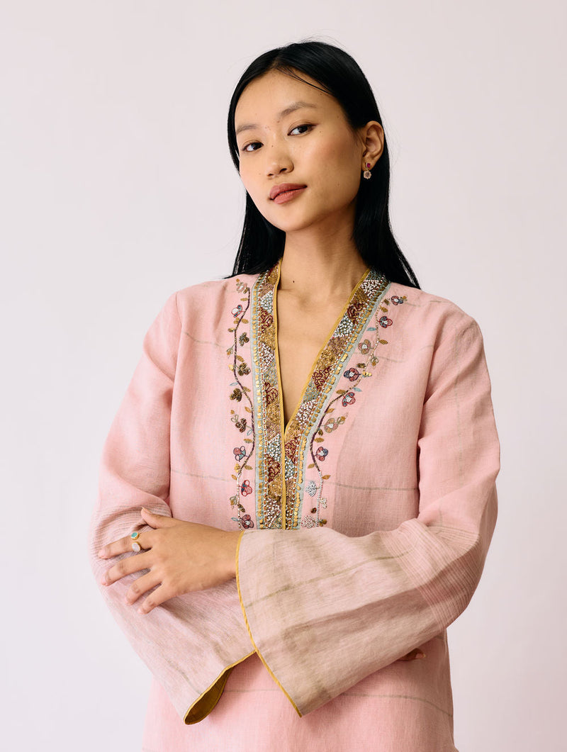 Naar Hand-Embroidered Metallic Kurta-Pink linen kurta/kurta set by Manan in pink for women in Singapore