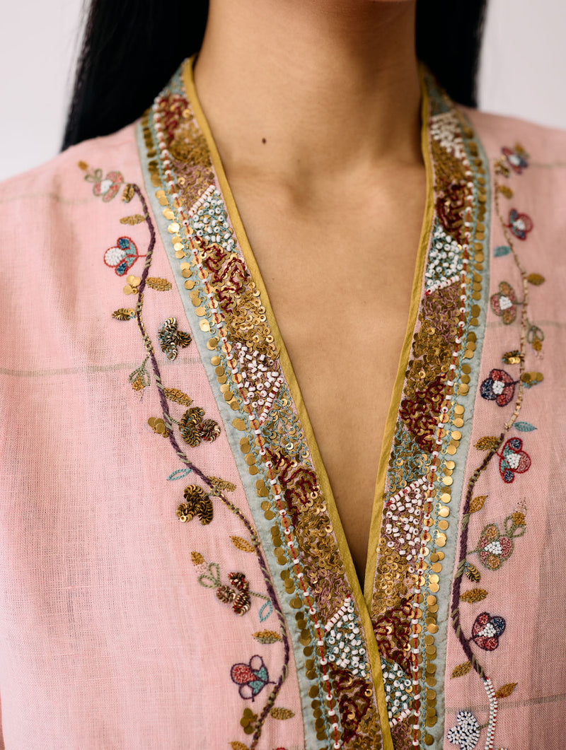 Naar Hand-Embroidered Metallic Kurta-Pink linen kurta/kurta set by Manan in pink for women in Singapore