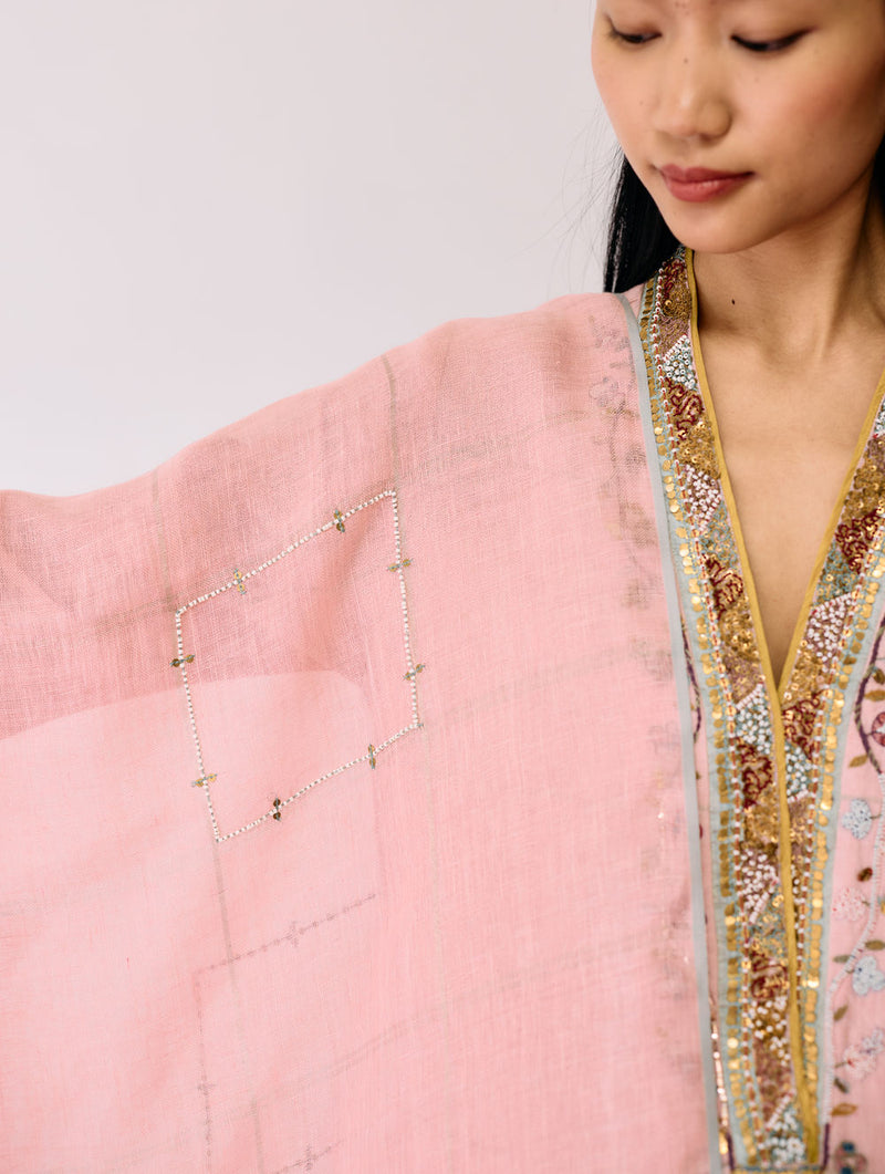 Mora Hand-Embroidered Metallic Linen Dupatta-Pink linen dupatta by Manan in pink for women in Singapore