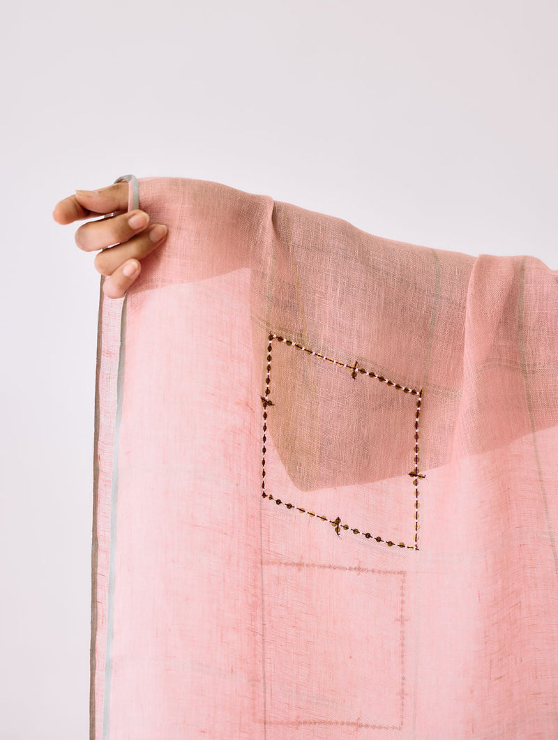 Mora Hand-Embroidered Metallic Linen Dupatta-Pink linen dupatta by Manan in pink for women in Singapore