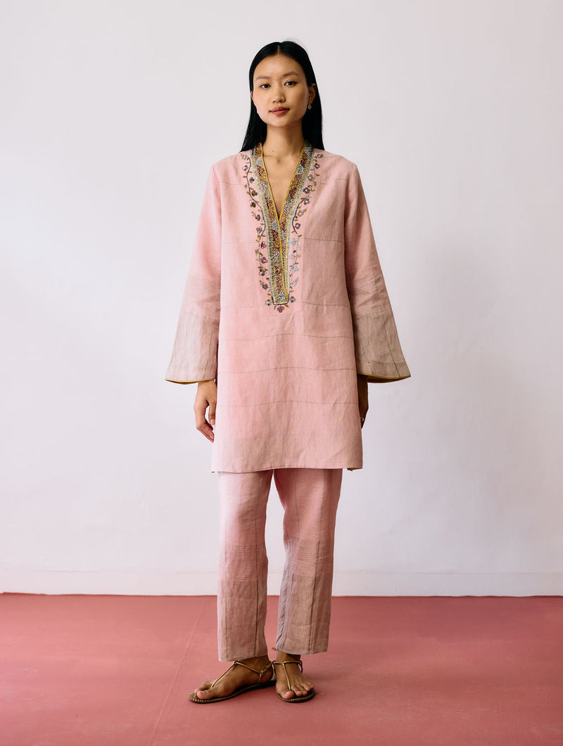 Nila Tapered Metallic Linen Pants-Pink linen pant/trousers by Manan in pink for women in Singapore