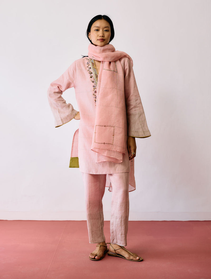 Nila Tapered Metallic Linen Pants-Pink linen pant/trousers by Manan in pink for women in Singapore