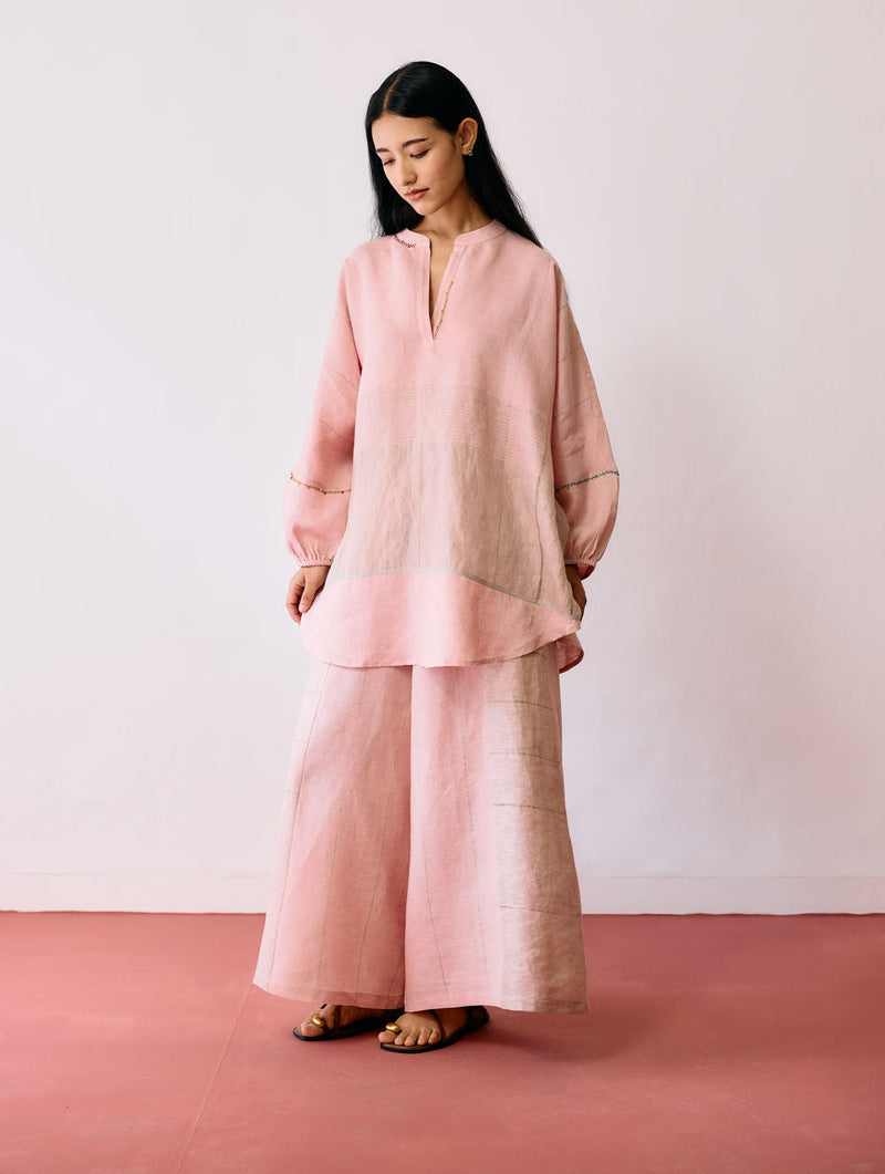 Raza Metallic Linen Co-ord-Pink linen co-ord set by Manan in pink for women in Singapore