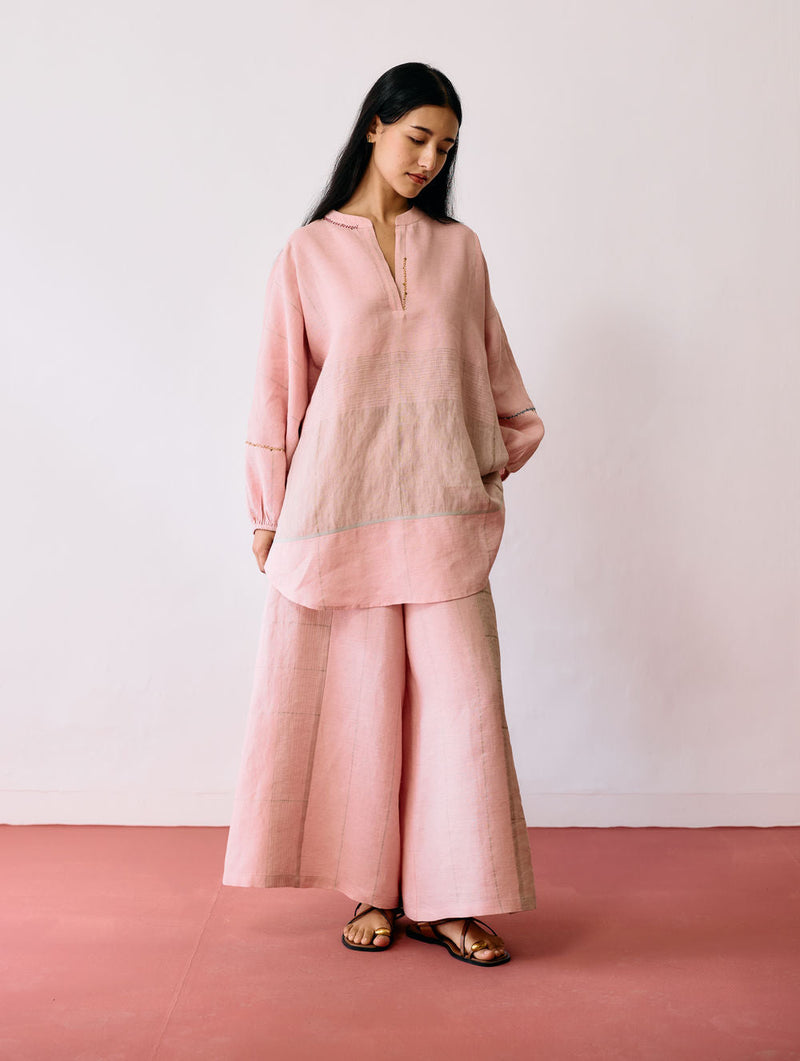 Raza Metallic Linen Co-ord-Pink linen co-ord set by Manan in pink for women in Singapore