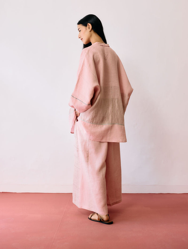 Raza Metallic Linen Co-ord-Pink linen co-ord set by Manan in pink for women in Singapore