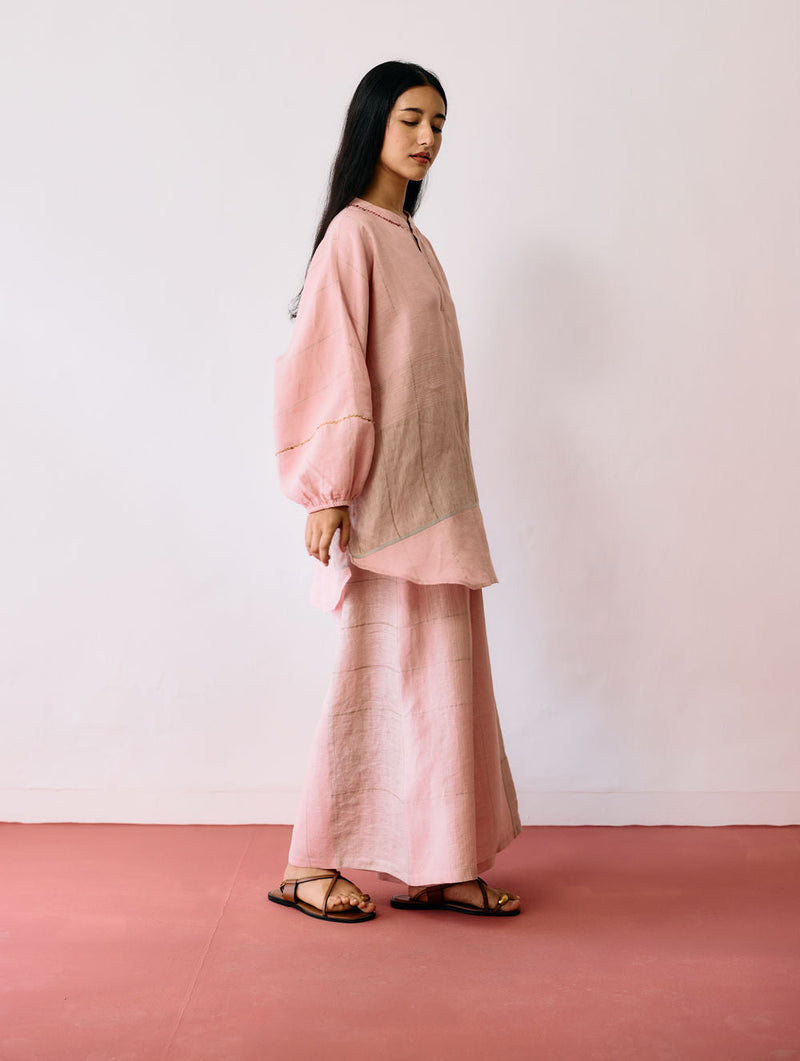Raza Metallic Linen Co-ord-Pink linen co-ord set by Manan in pink for women in Singapore