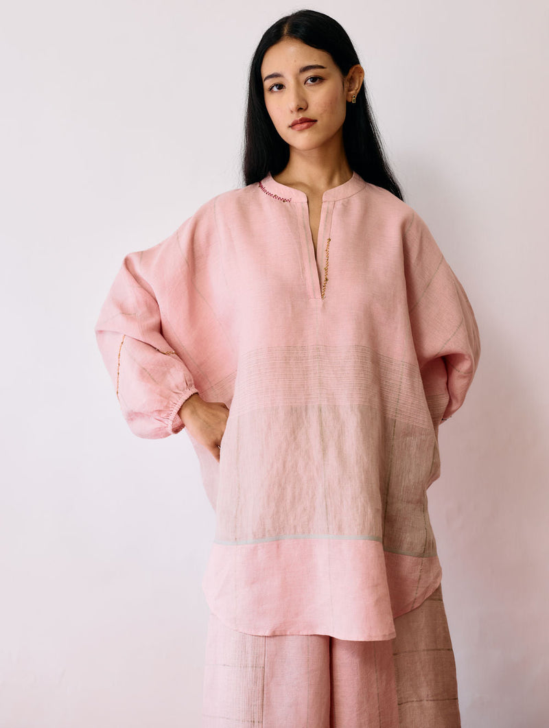 Raza Metallic Linen Top-Pink linen top/shirt by Manan in pink for women in Singapore
